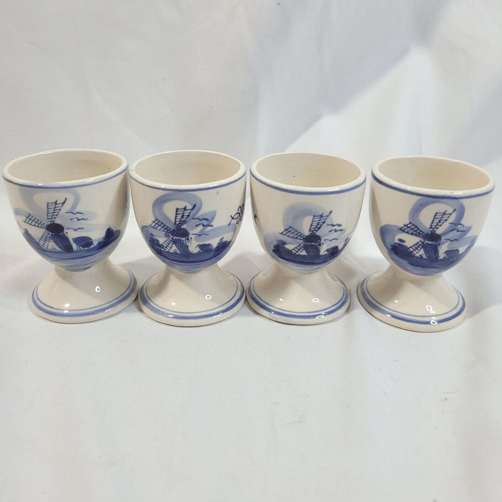 Holland Delft Blue Large Egg Cups Hand Painted Windmill & Floral Design set of 4